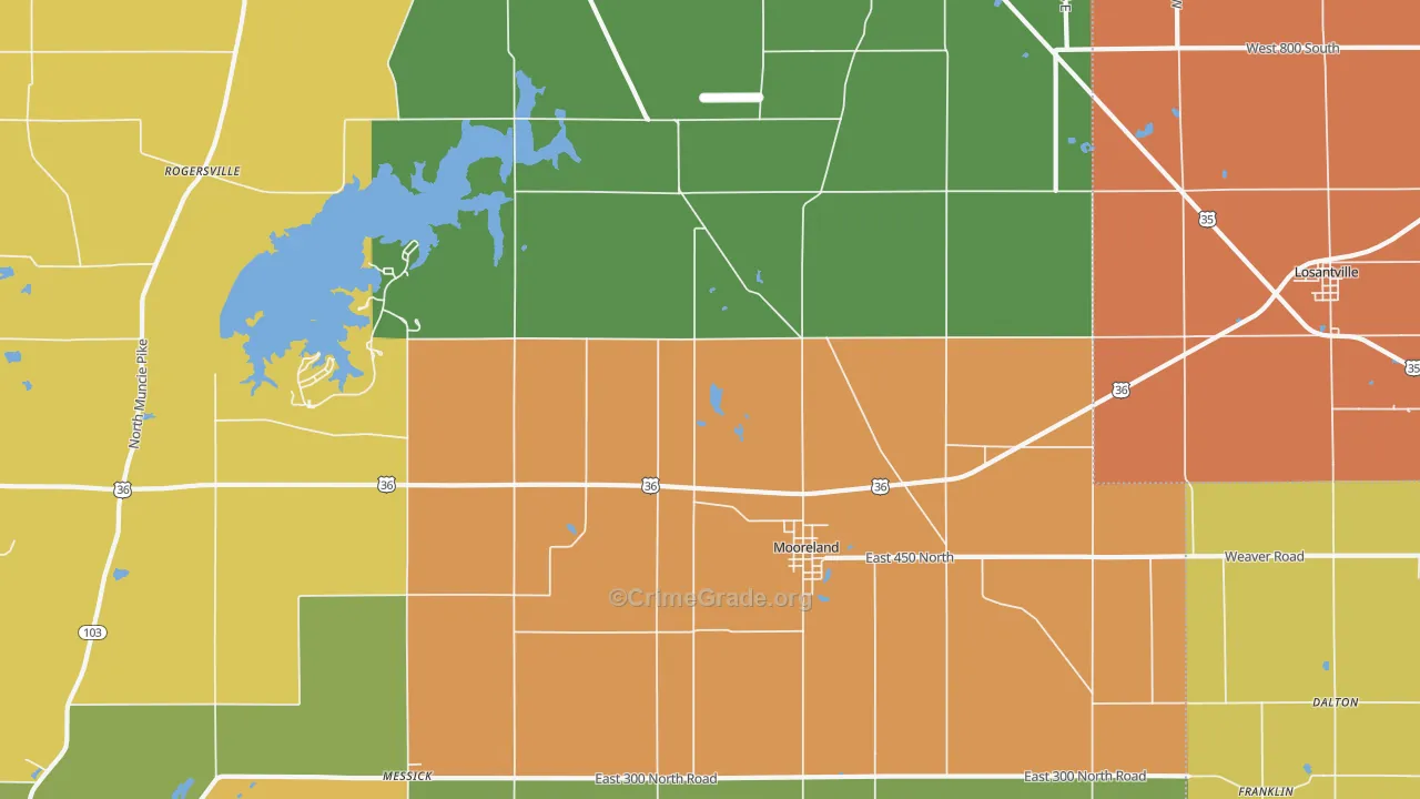 Mooreland, IN Map of Robbery Rates