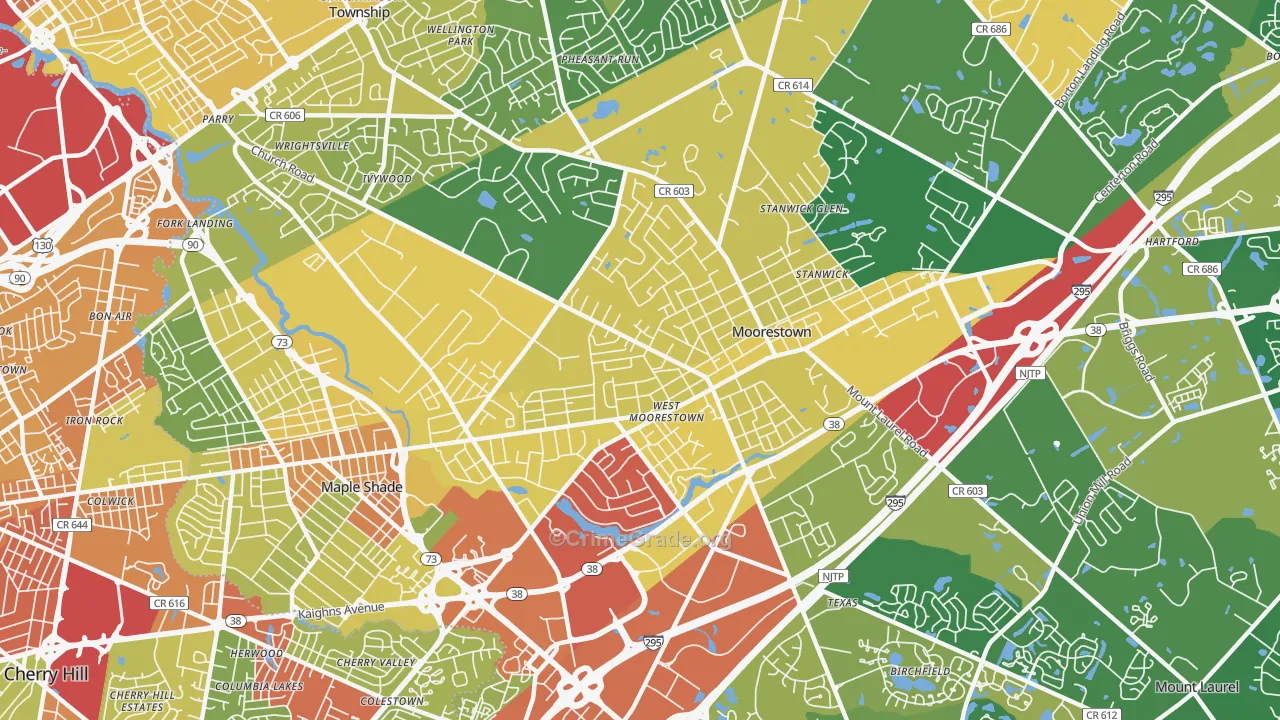 Moorestown-Lenola, NJ Map of Robbery Rates