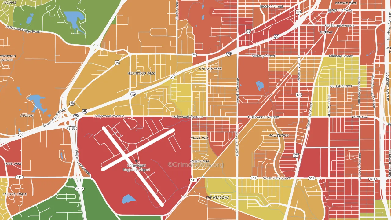 Mooretown and Hollywood Heights, Shreveport, LA Map of Robbery Rates