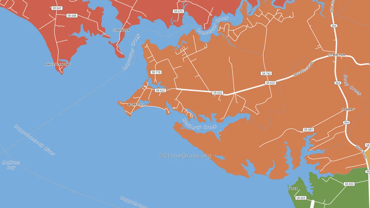 Morattico, VA Map of Robbery Rates