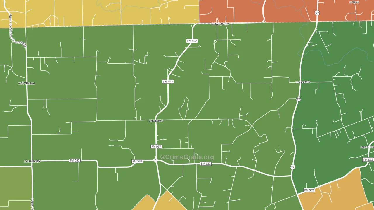 Moravia, TX Map of Robbery Rates