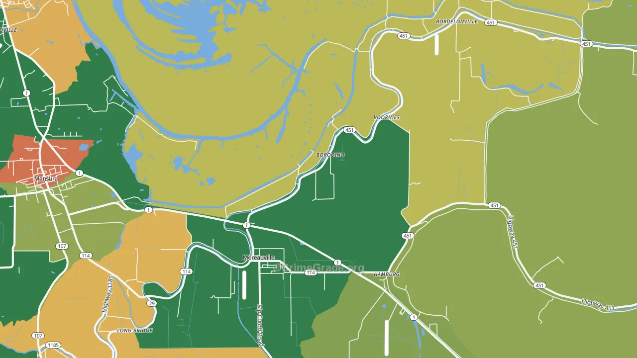 Moreauville, LA Map of Robbery Rates