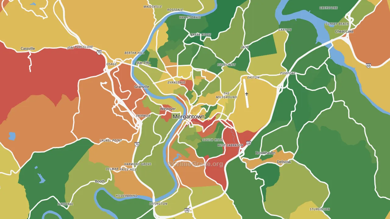 Morgantown, WV Map of Robbery Rates