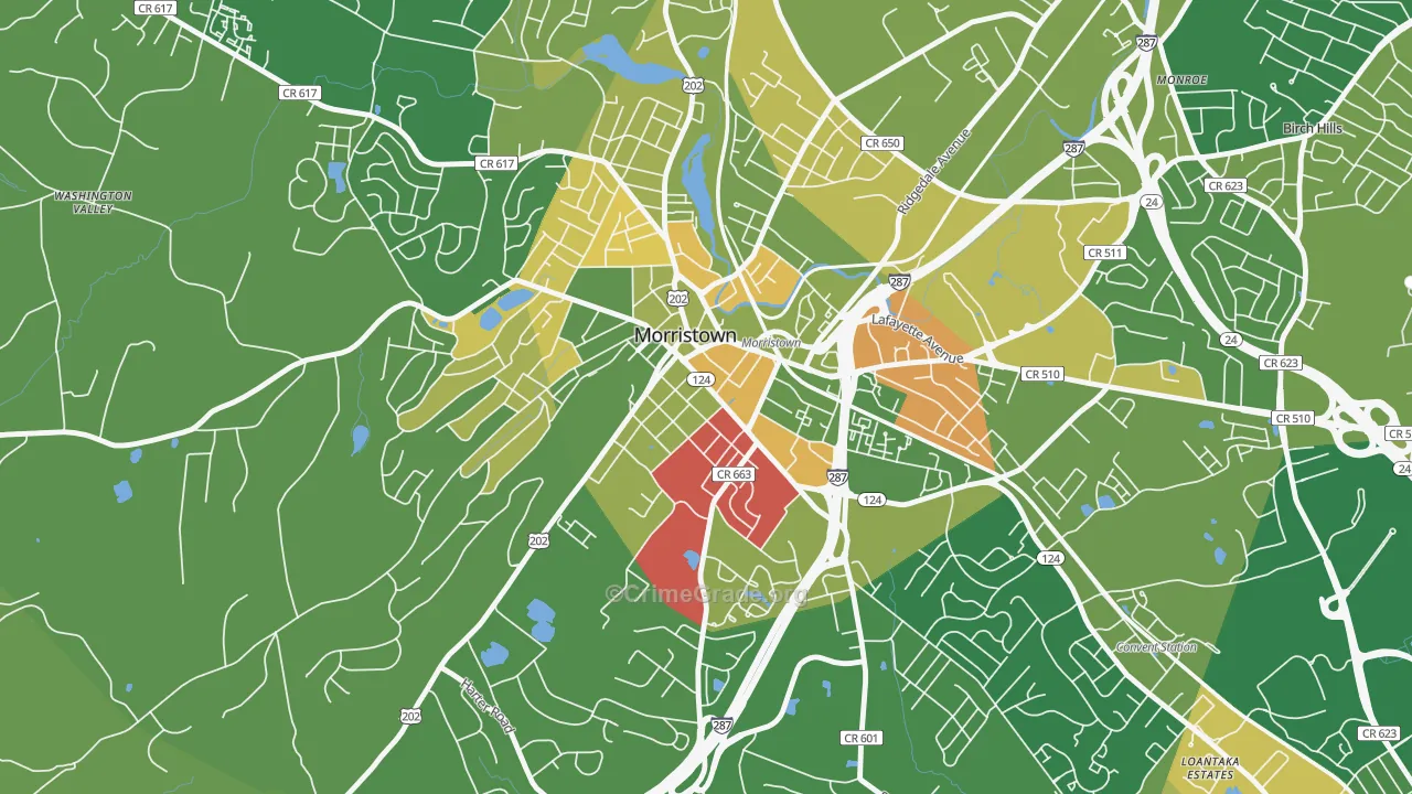 Morristown Historic District, Morristown, NJ Map of Robbery Rates
