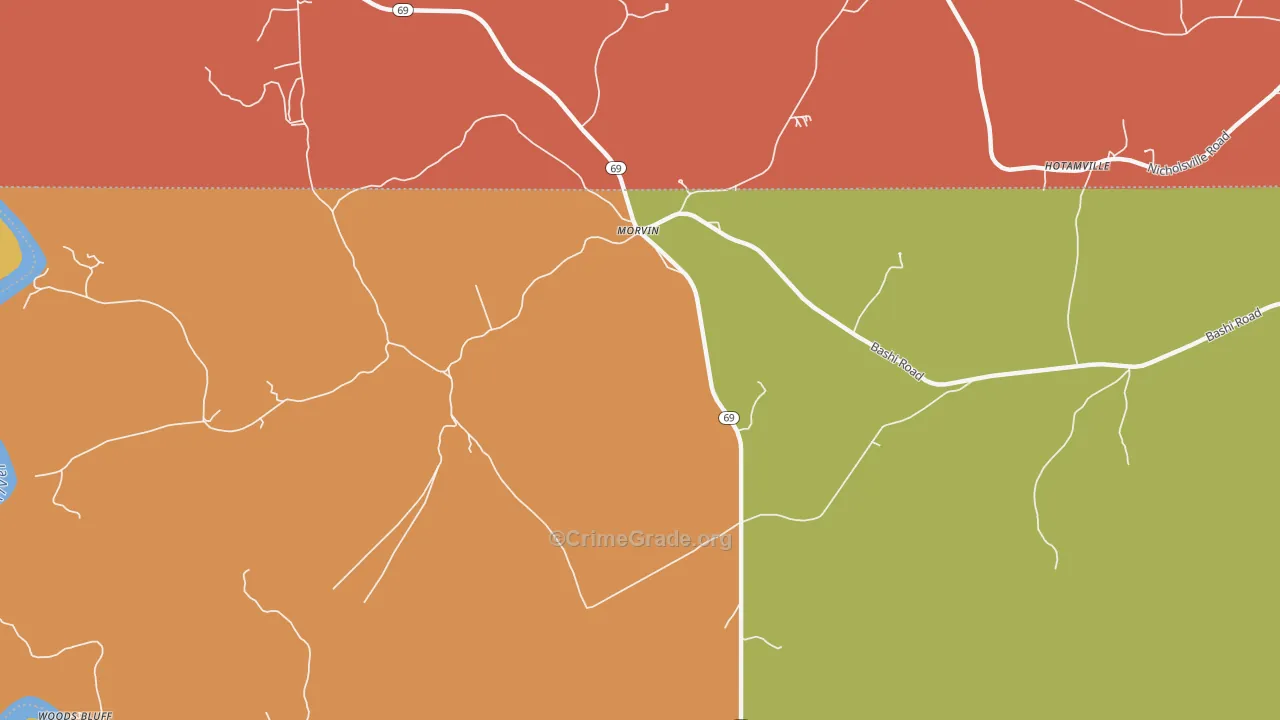 Morvin, AL Map of Robbery Rates