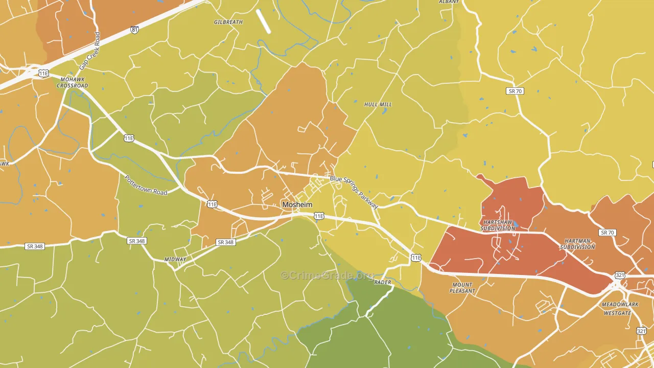 Mosheim, TN Map of Robbery Rates