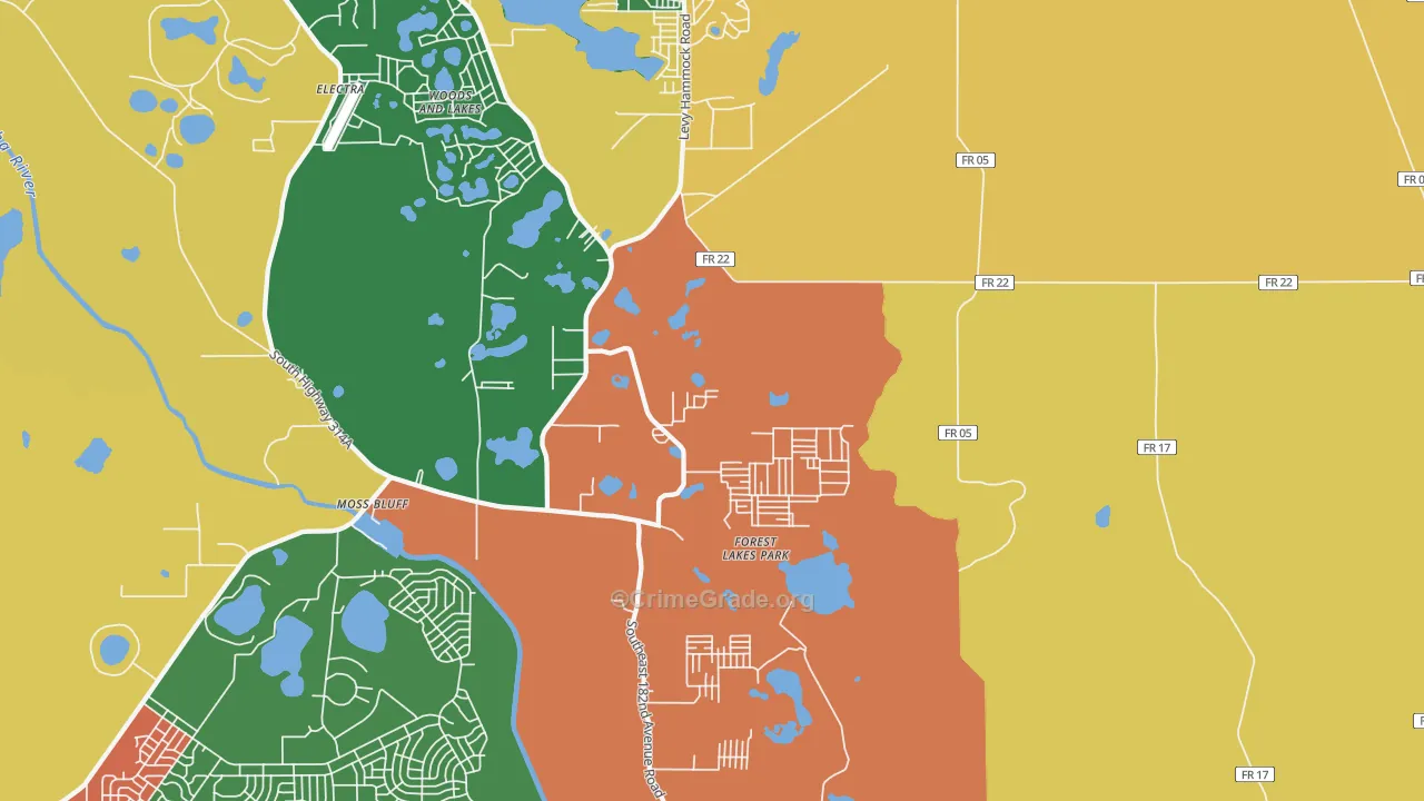 Moss Bluff, FL Map of Robbery Rates