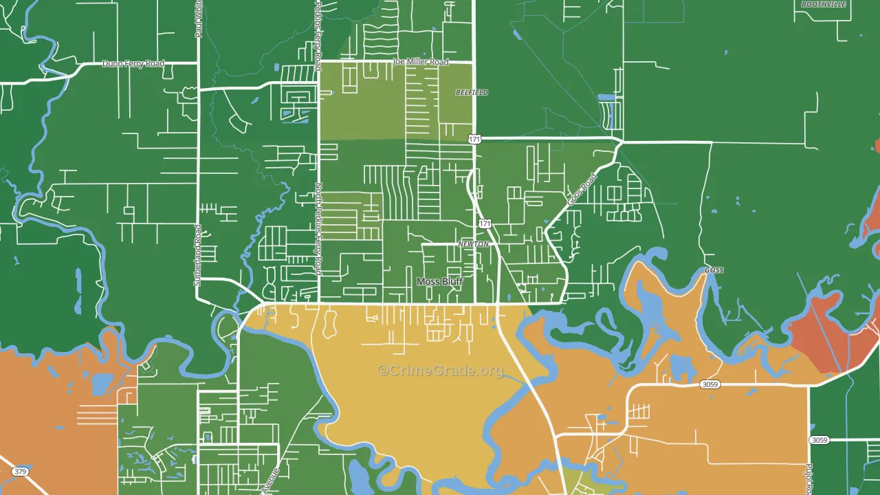 Moss Bluff, LA Map of Robbery Rates