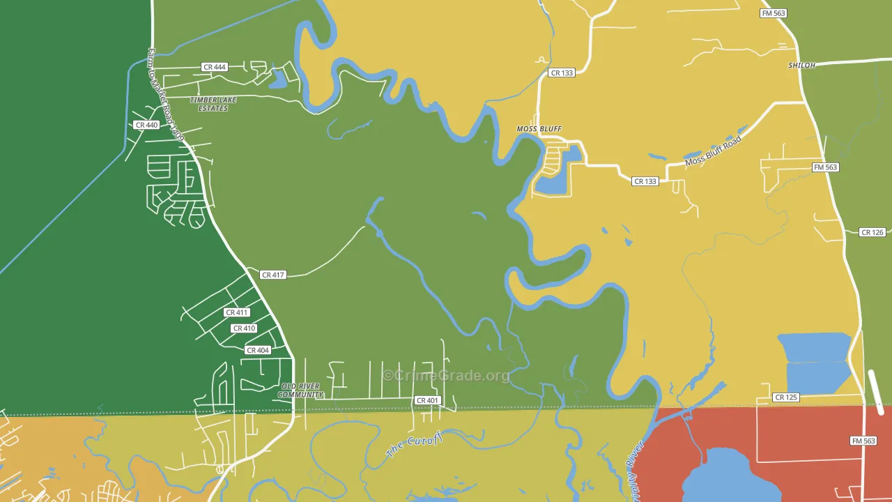 Moss Bluff, TX Map of Robbery Rates
