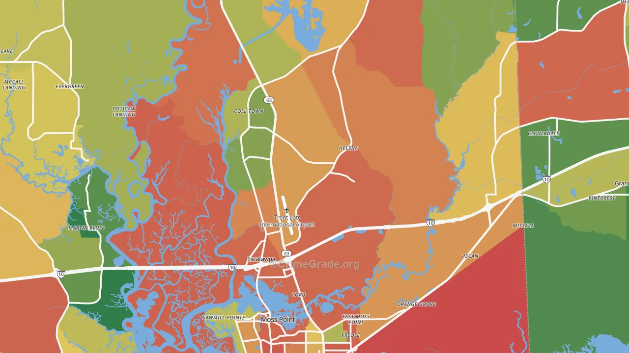 Moss Point, MS Map of Robbery Rates