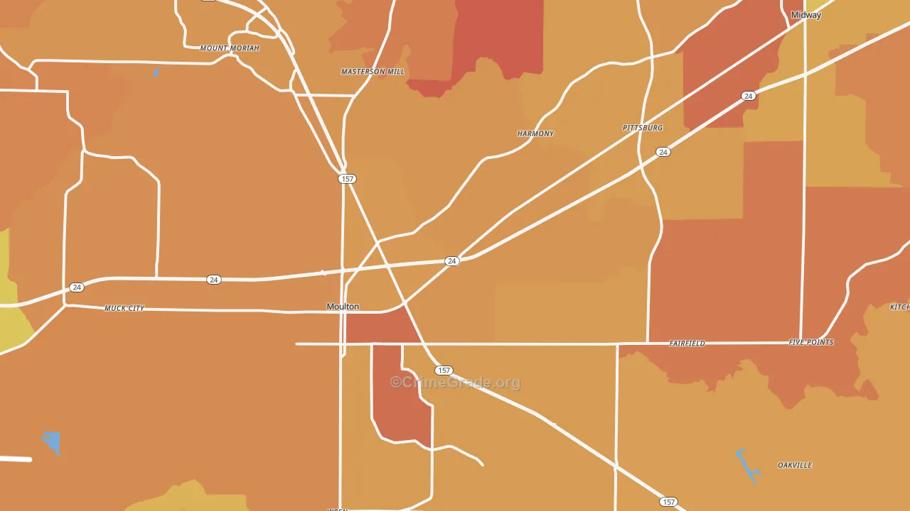 Moulton, AL Map of Robbery Rates