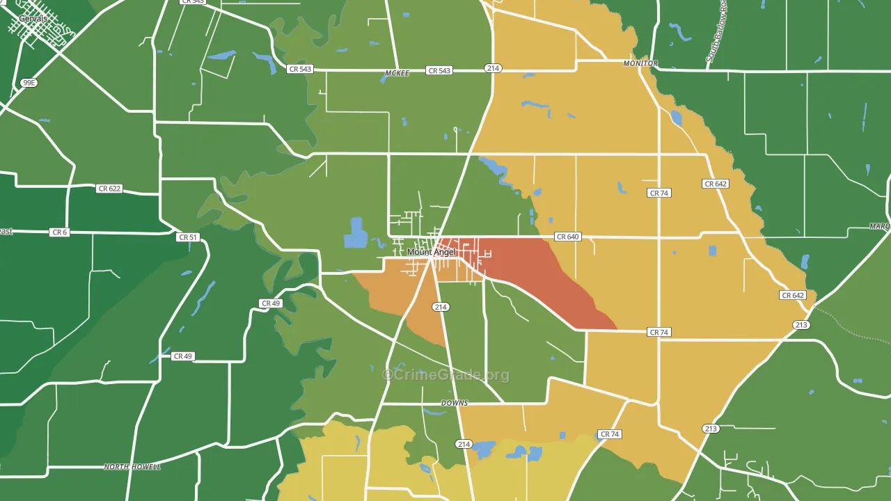 Mount Angel, OR Map of Robbery Rates