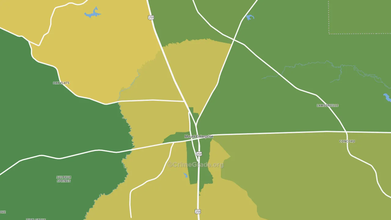 Mount Enterprise, TX Map of Robbery Rates