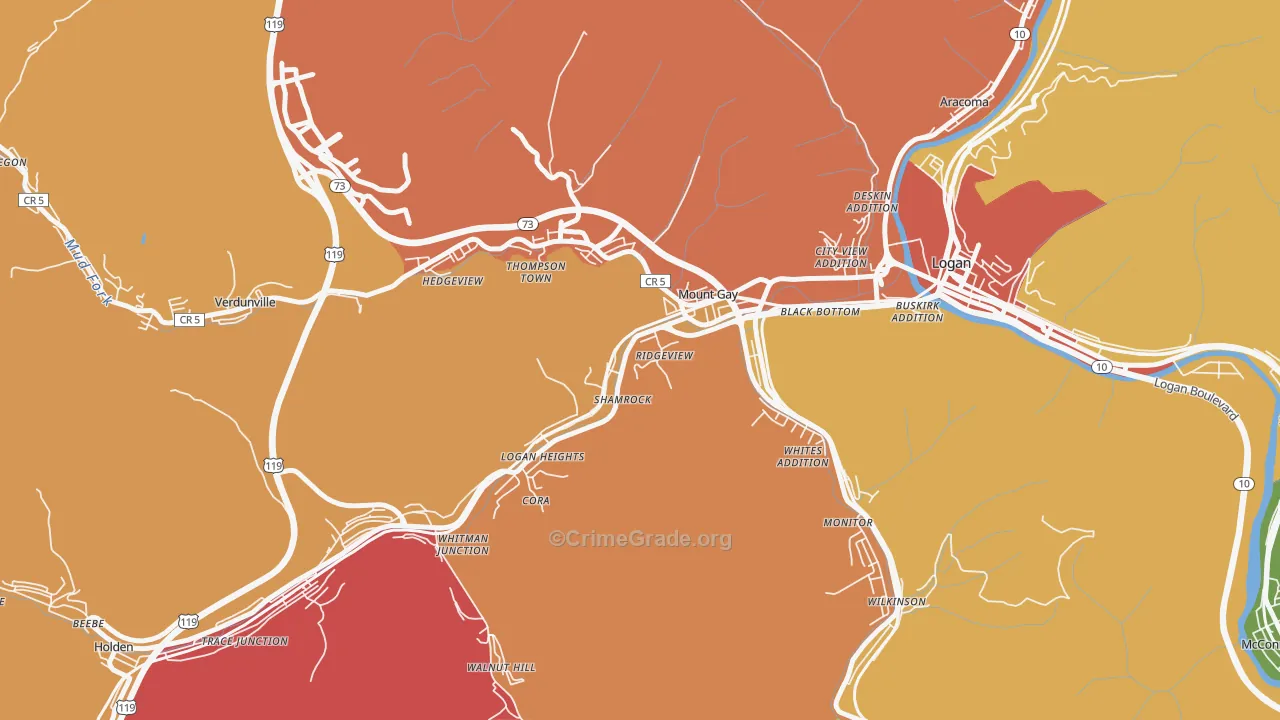 Mount Gay-Shamrock, WV Map of Robbery Rates