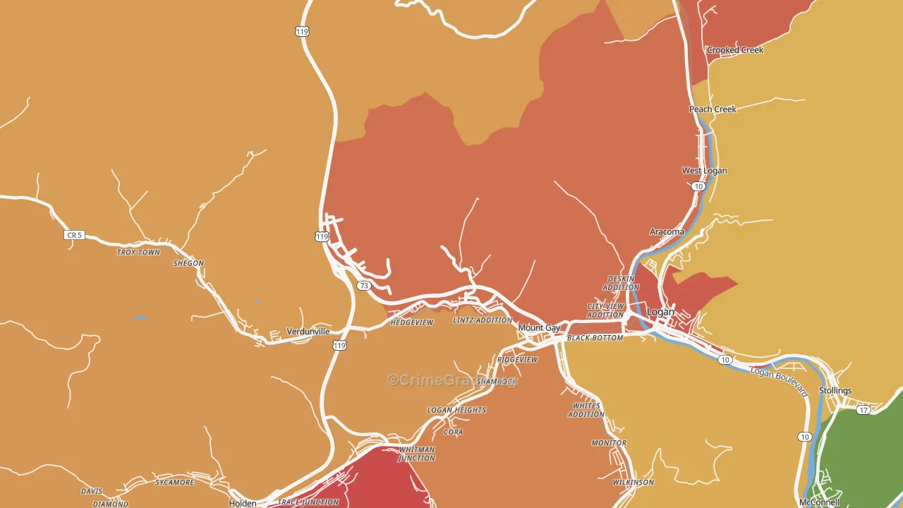 Mount Gay, WV Map of Robbery Rates
