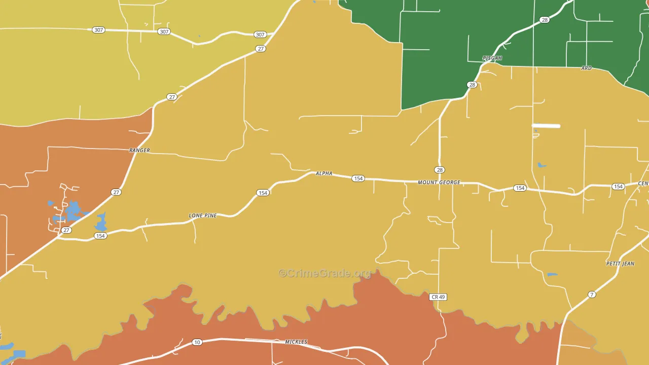 Mount George, AR Map of Robbery Rates