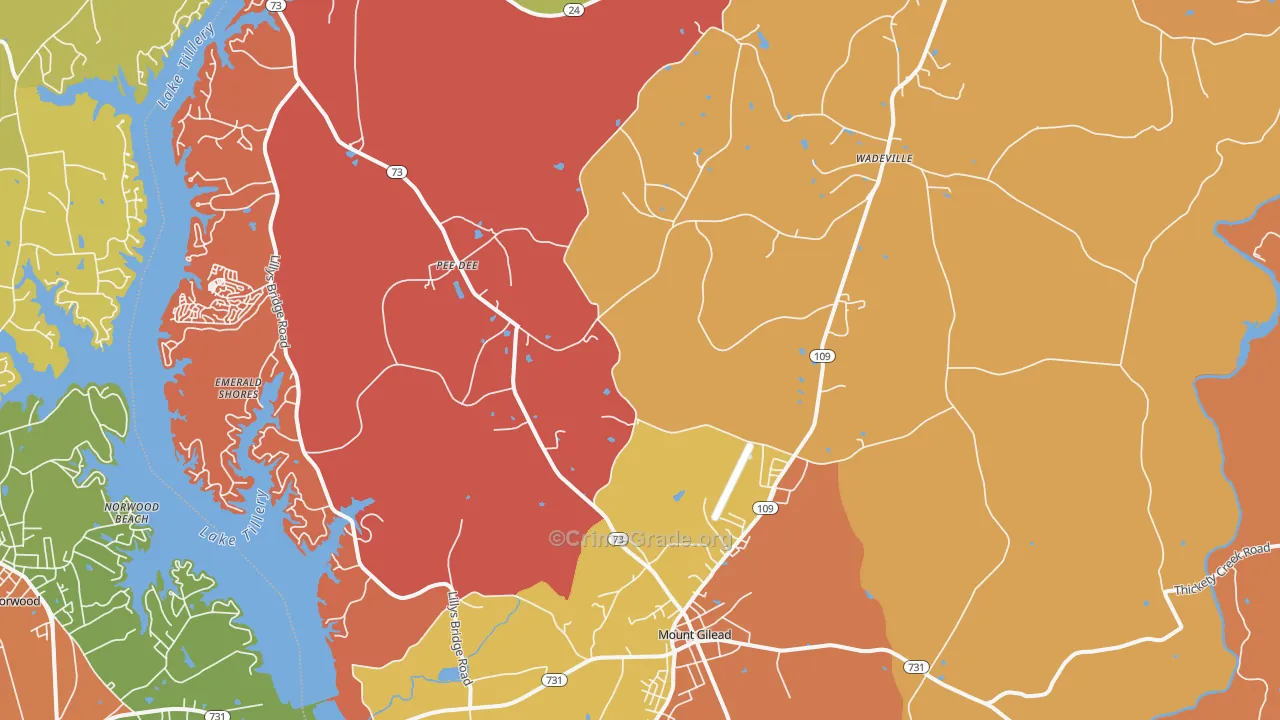 Mount Gilead, NC Map of Robbery Rates