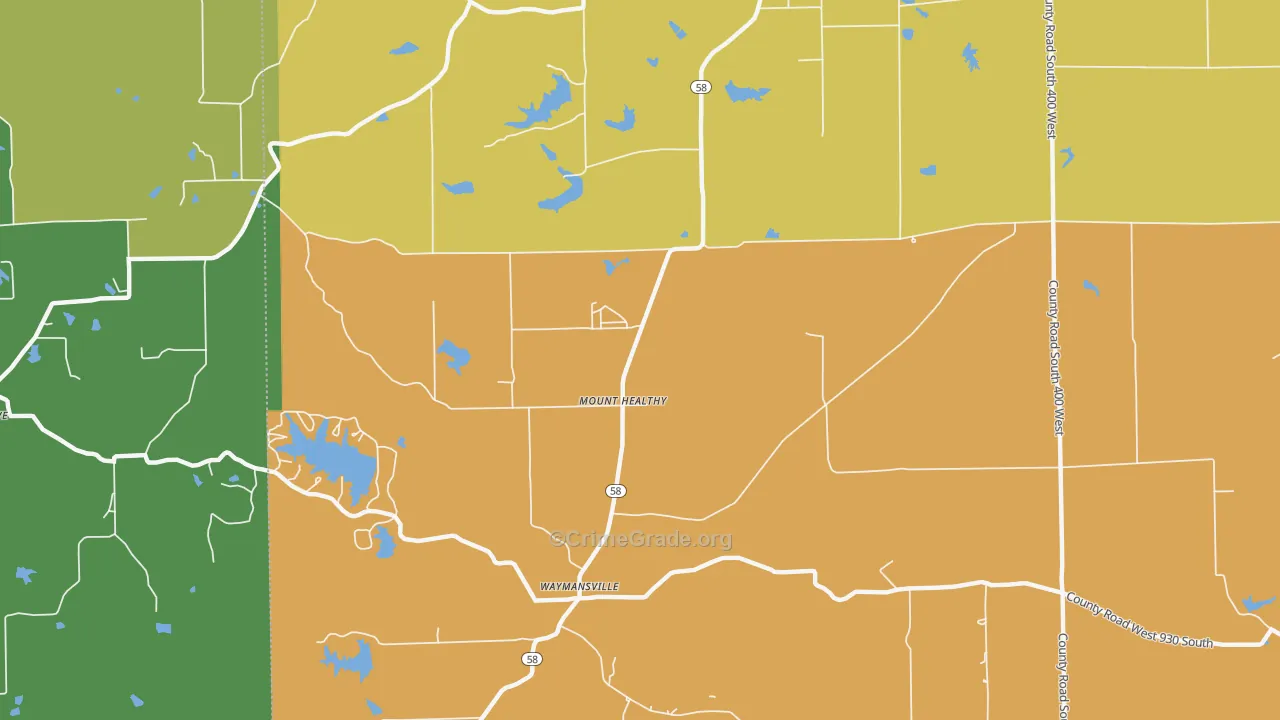 Mount Healthy, IN Map of Robbery Rates