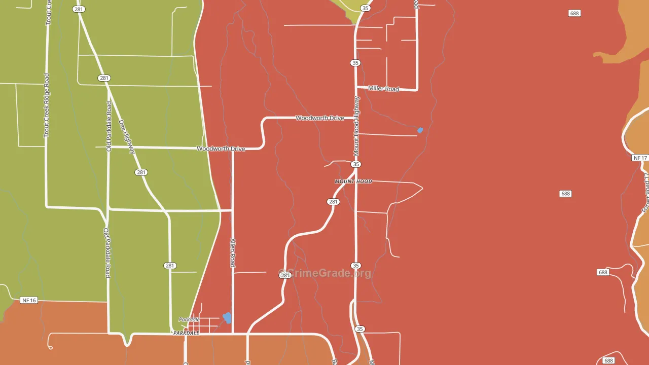 Mount Hood, OR Map of Robbery Rates