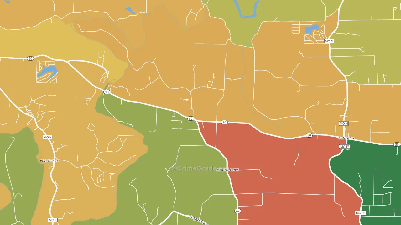 Mount Hope, MO Map of Robbery Rates