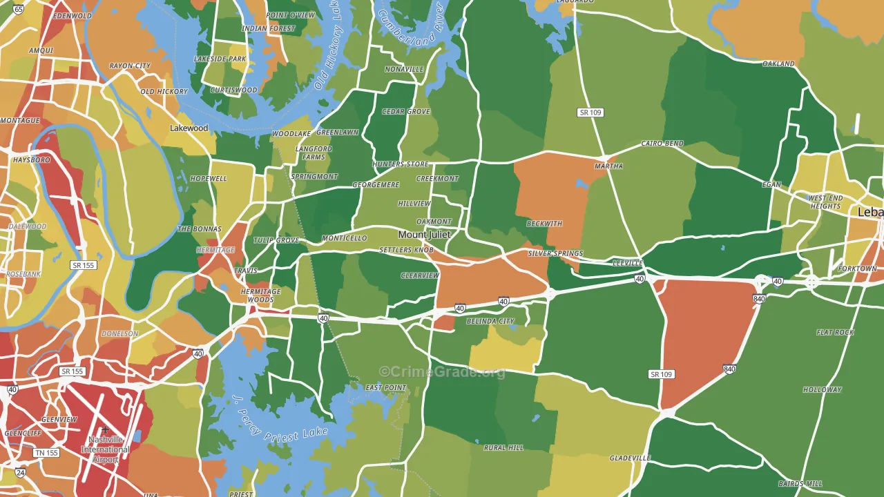 Mount Juliet, TN Map of Robbery Rates