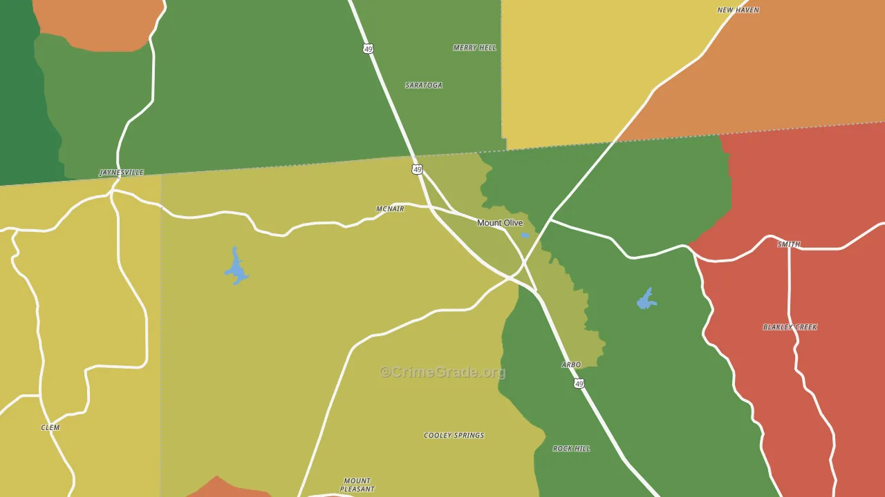 Mount Olive, MS Map of Robbery Rates