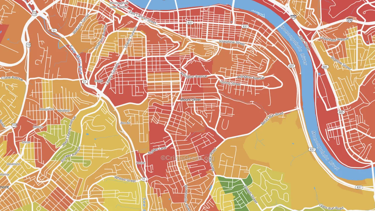 Mount Oliver, PA Map of Robbery Rates