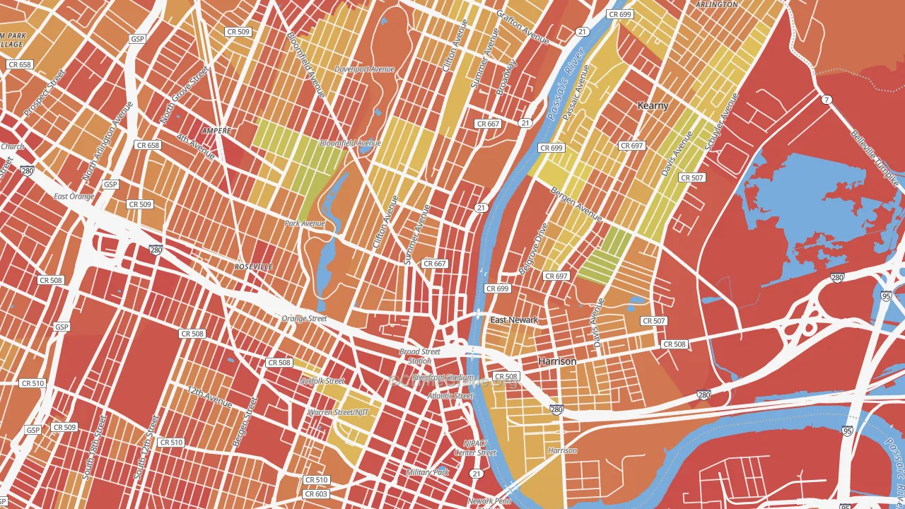 Mount Pleasant-Lower Broadway, Newark, NJ Map of Robbery Rates