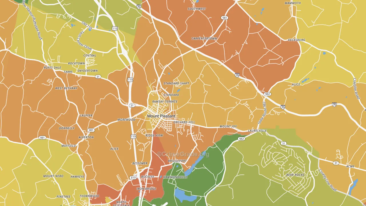 Mount Pleasant, PA Map of Robbery Rates
