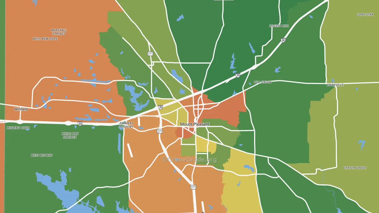 Mount Pleasant, TX Map of Robbery Rates