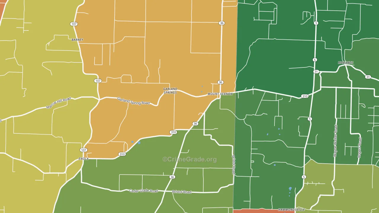 Mount Vernon, AR Map of Robbery Rates