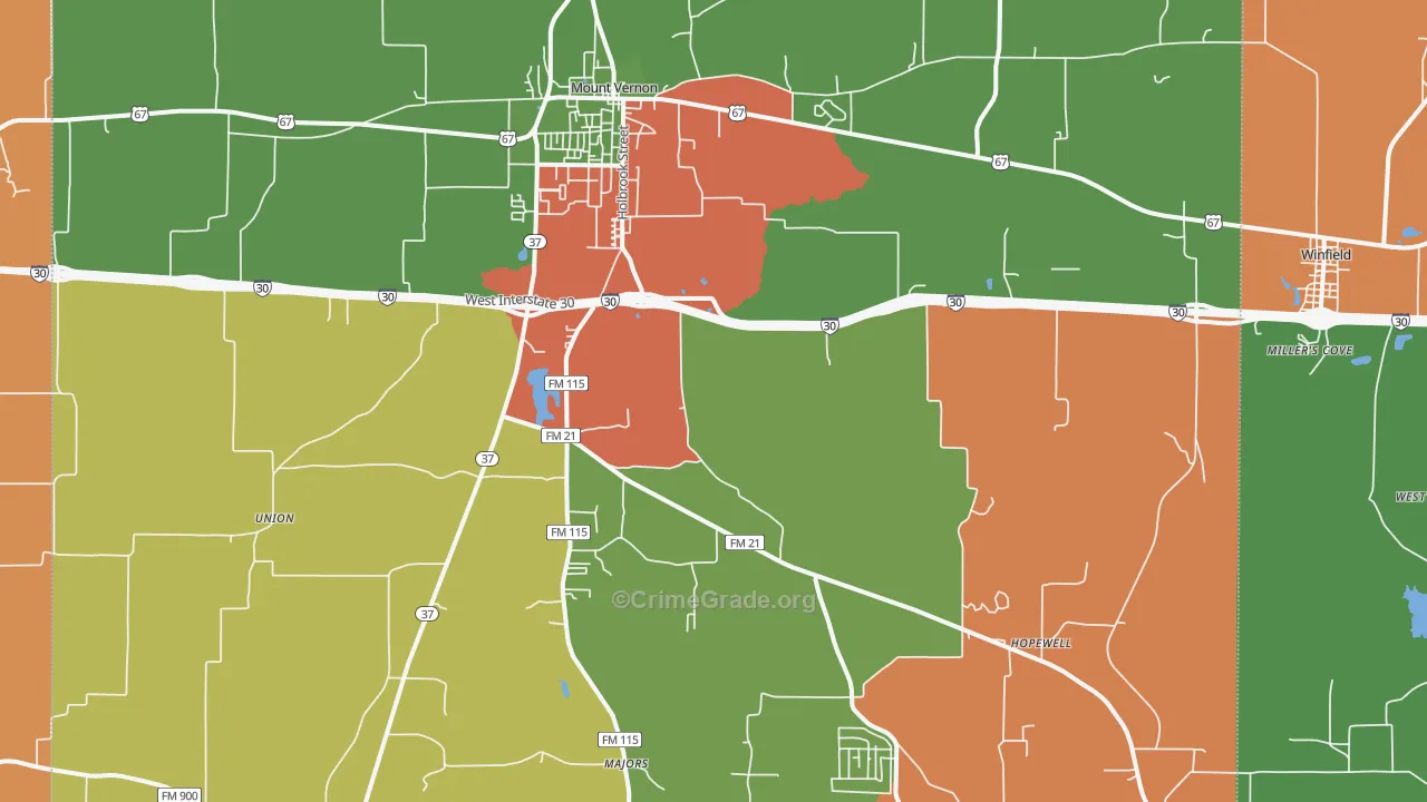 Mount Vernon, TX Map of Robbery Rates