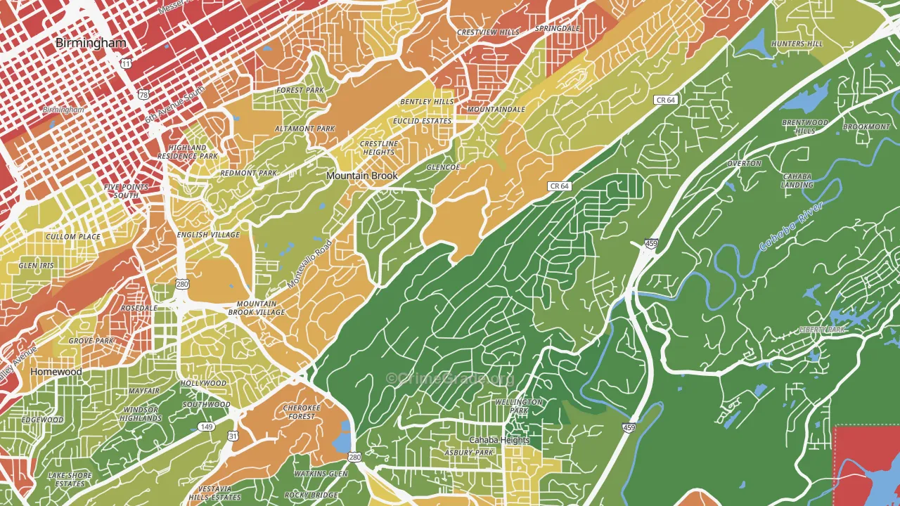 Mountain Brook, AL Map of Robbery Rates