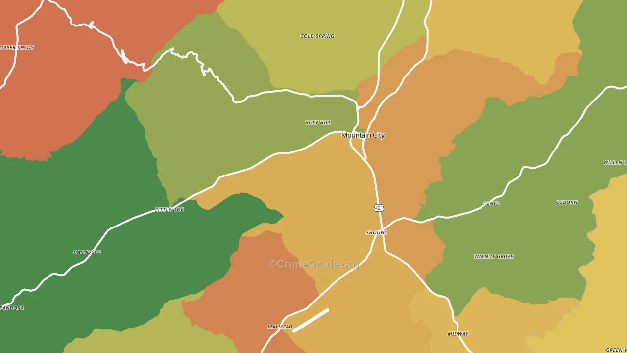 Mountain City, TN Map of Robbery Rates