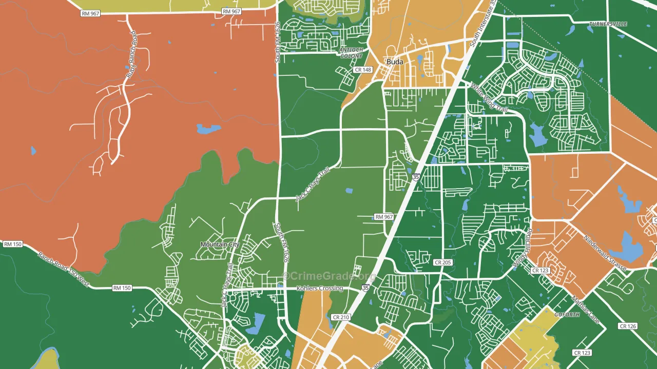 Mountain City, TX Map of Robbery Rates