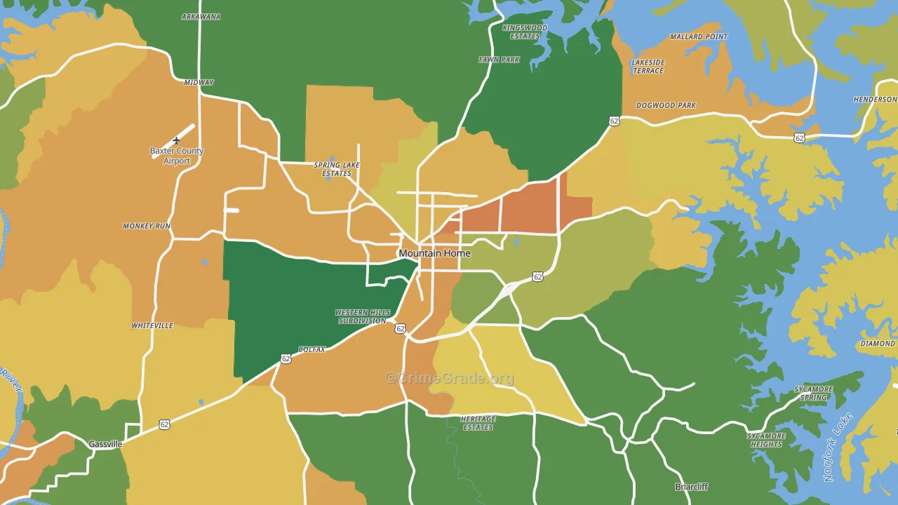 Mountain Home, AR Map of Robbery Rates