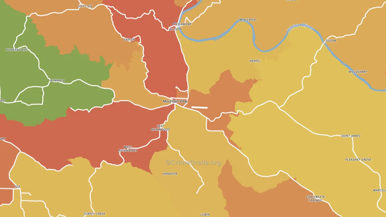 Mountain View, AR Map of Robbery Rates