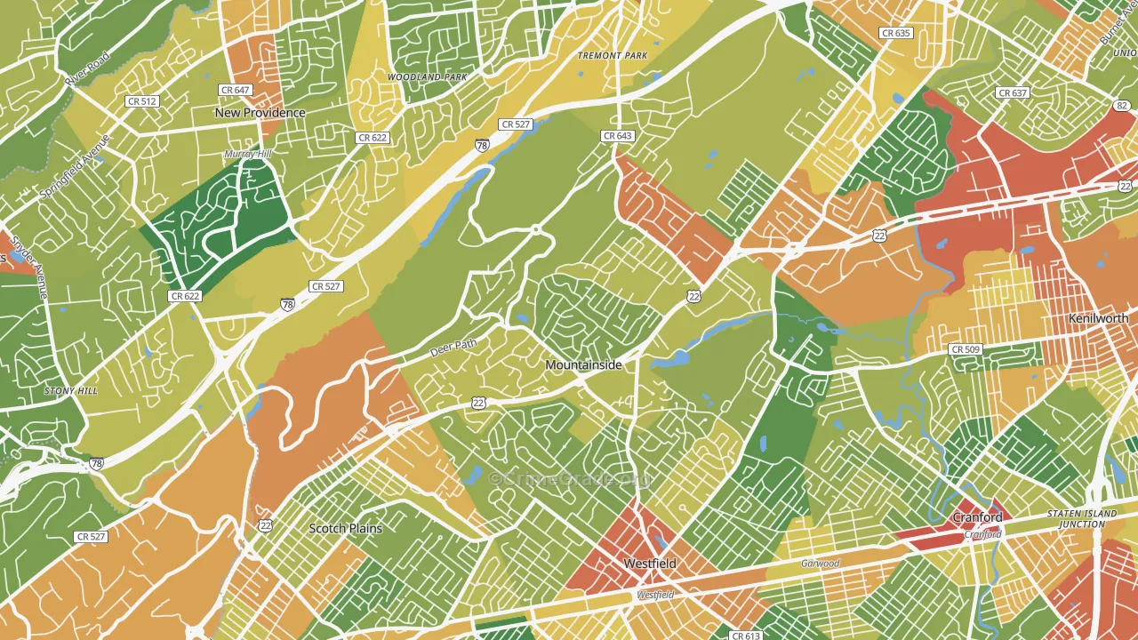Mountainside, NJ Map of Robbery Rates