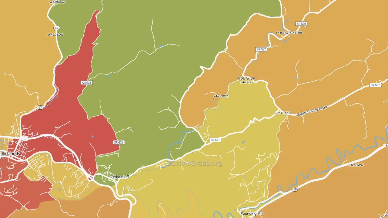 Mouth of Laurel, VA Map of Robbery Rates