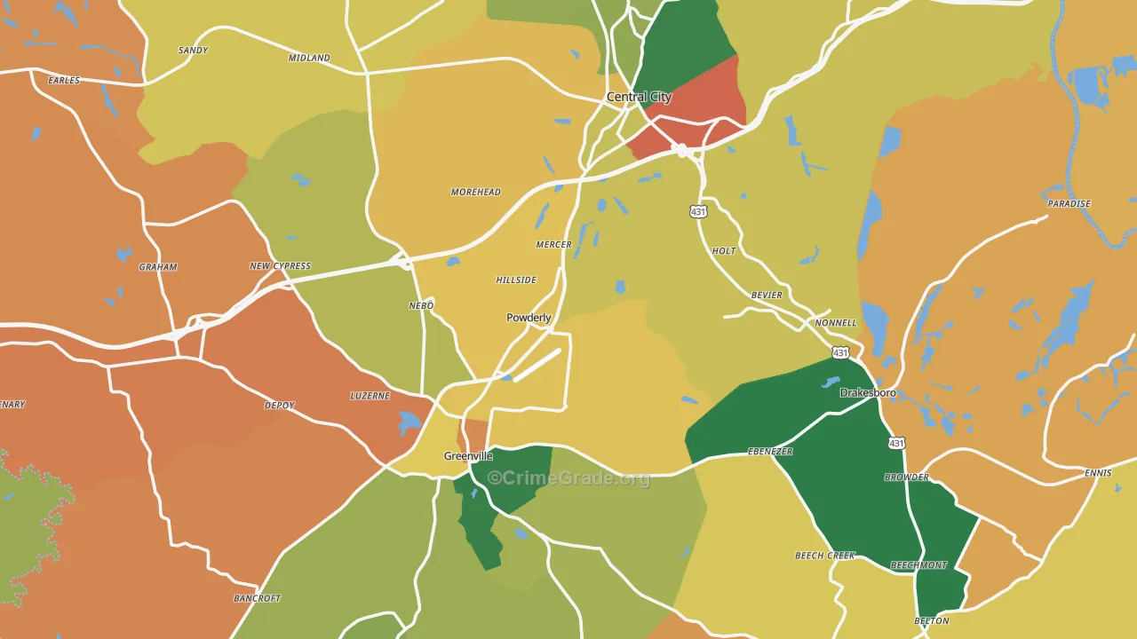 Muhlenberg County, KY Map of Robbery Rates