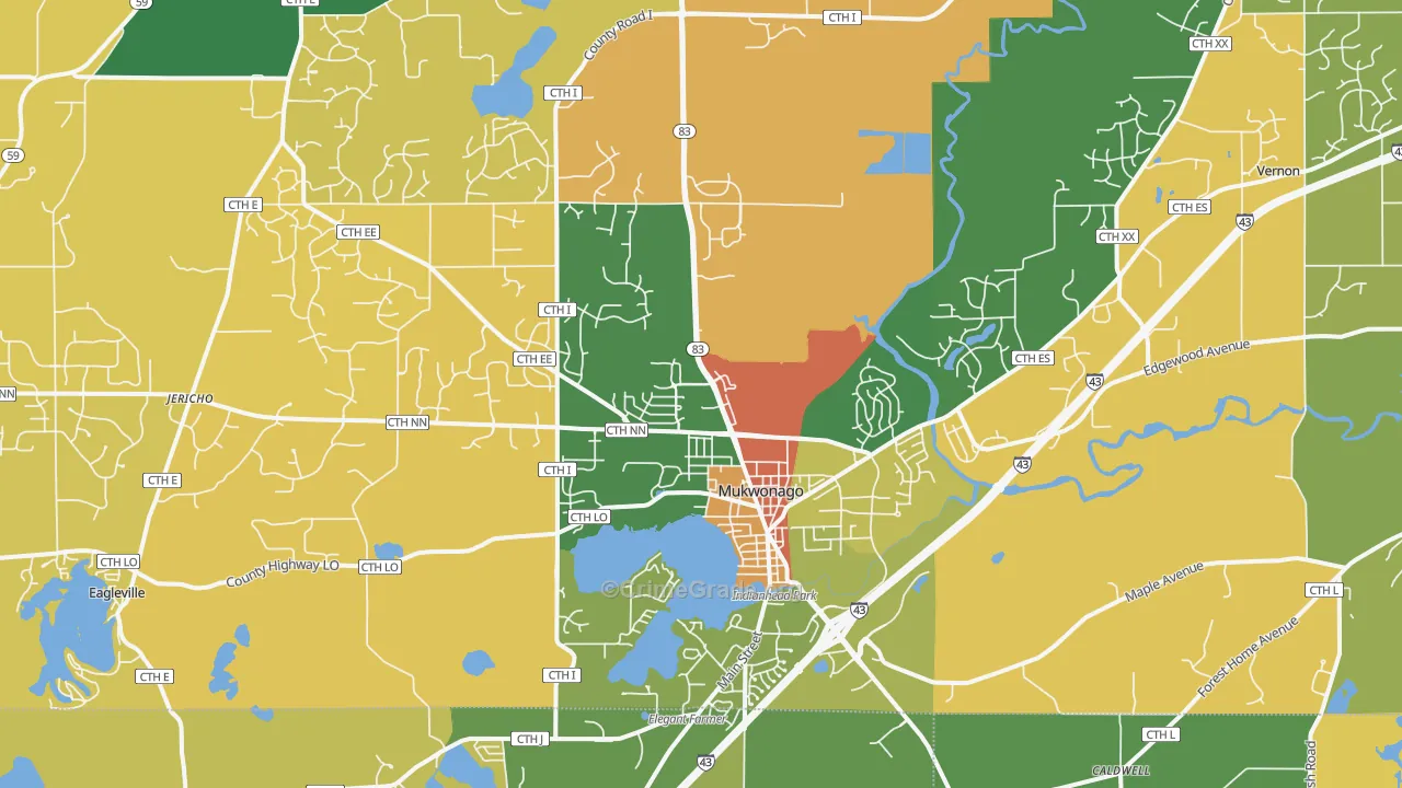 Mukwonago, WI Map of Robbery Rates