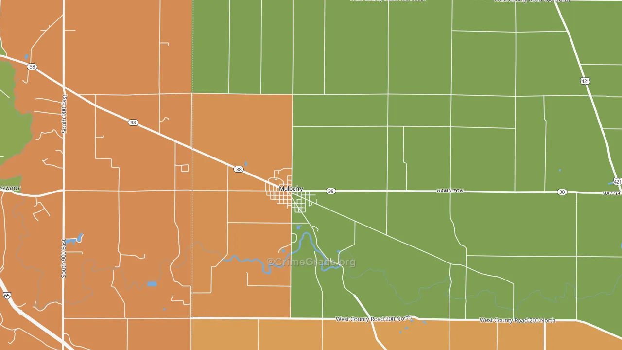 Mulberry, IN Map of Robbery Rates