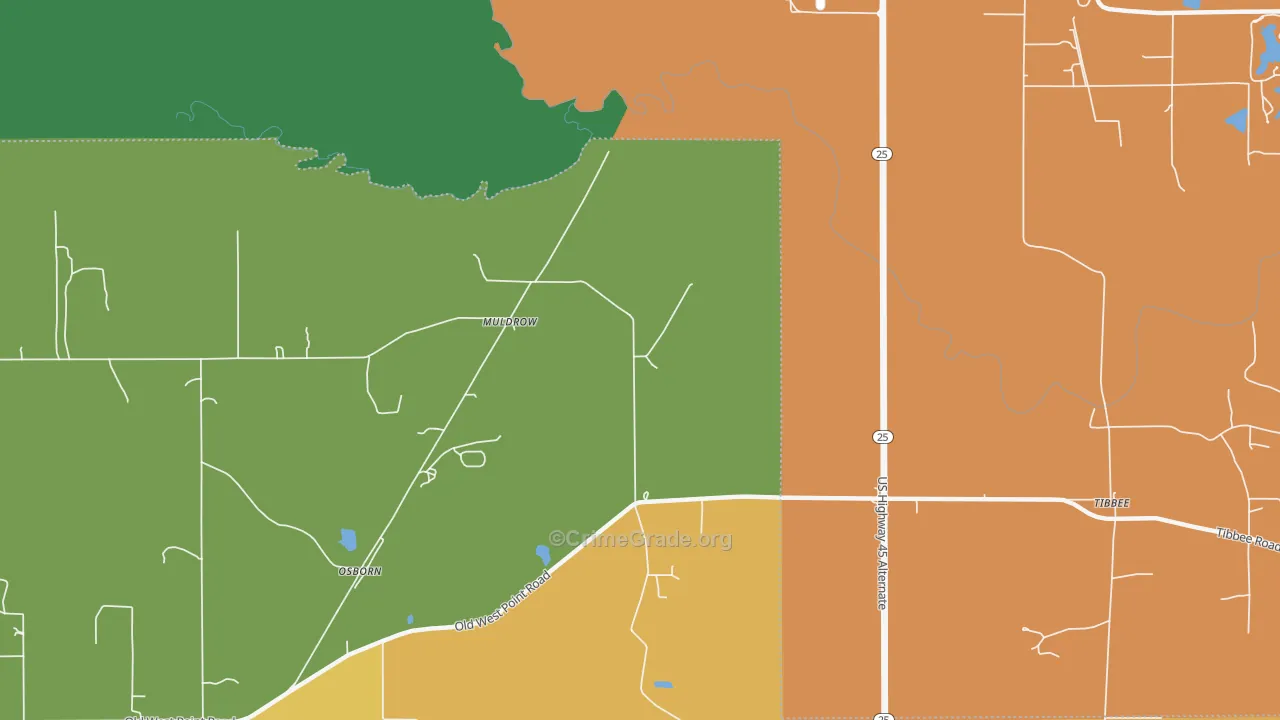 Muldrow, MS Map of Robbery Rates