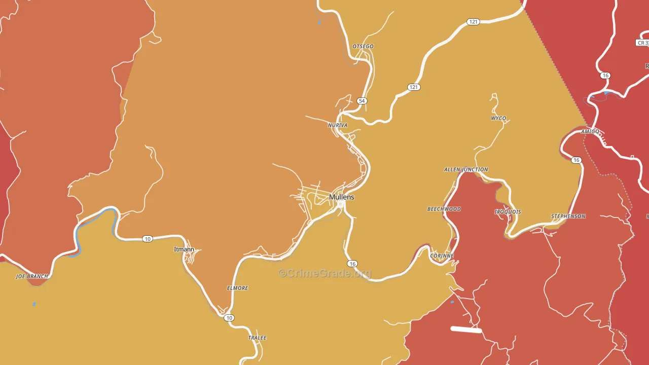Mullens, WV Map of Robbery Rates