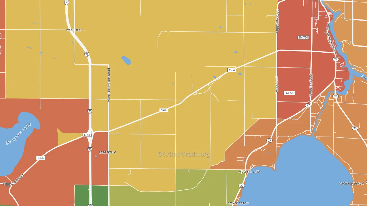 Mullett Lake, MI Map of Robbery Rates