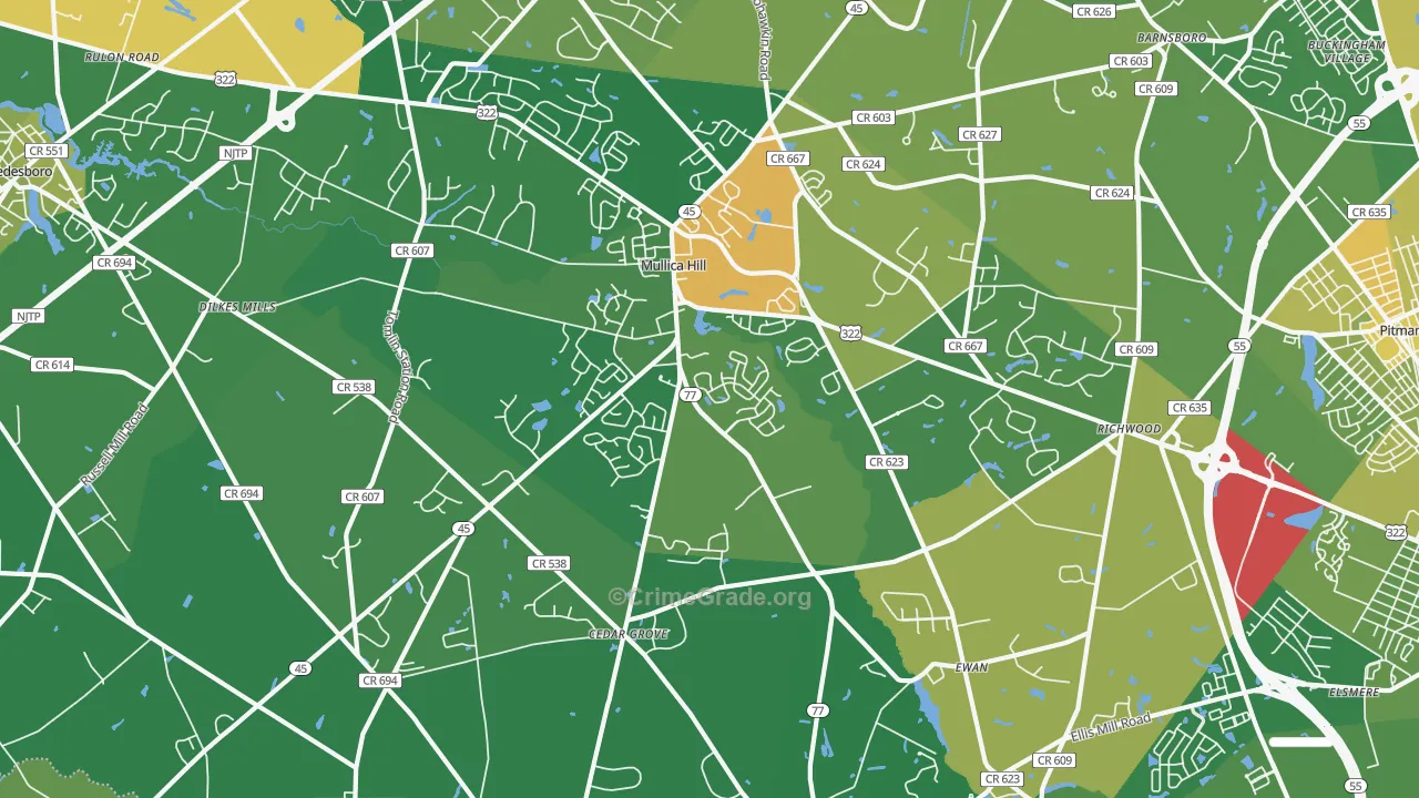 Mullica Hill, NJ Map of Robbery Rates