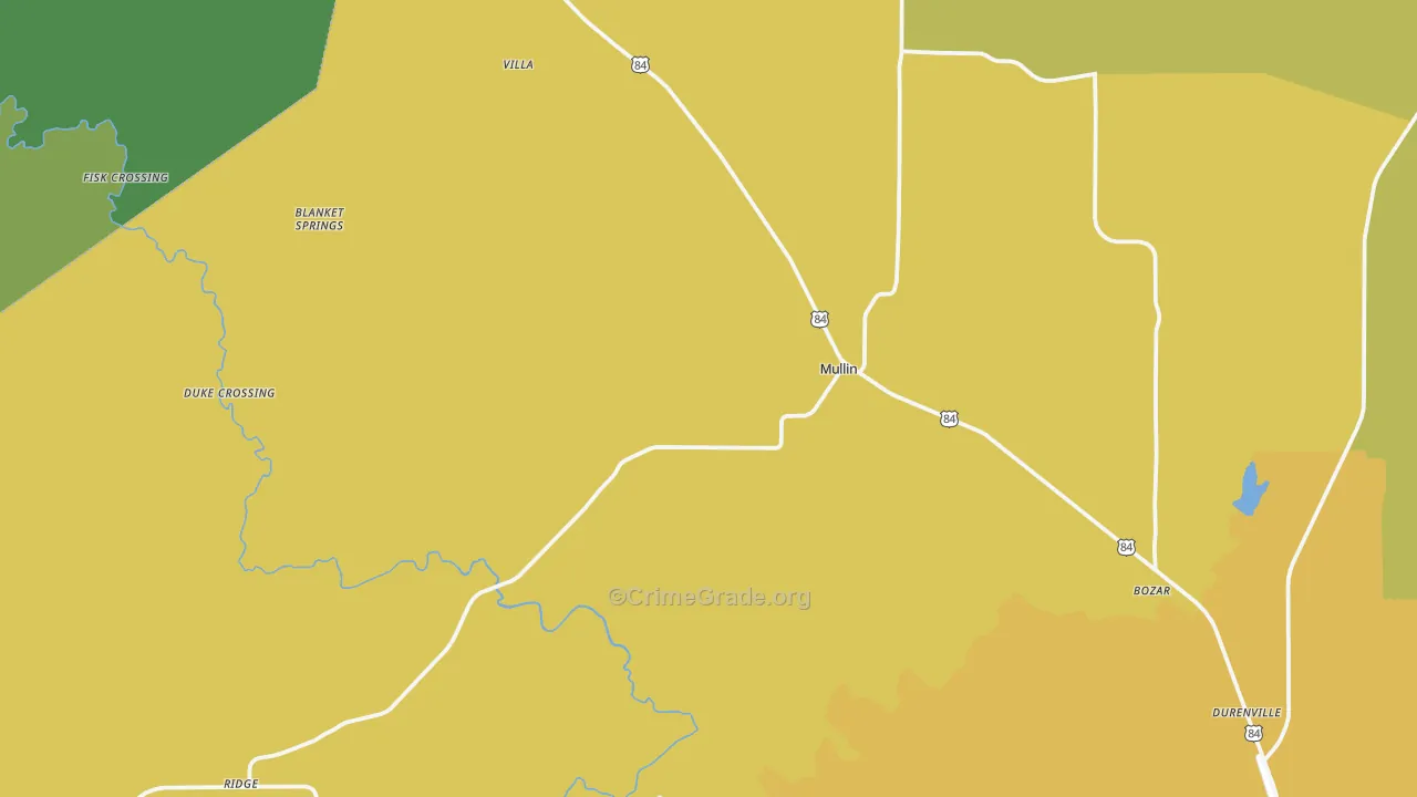 Mullin, TX Map of Robbery Rates