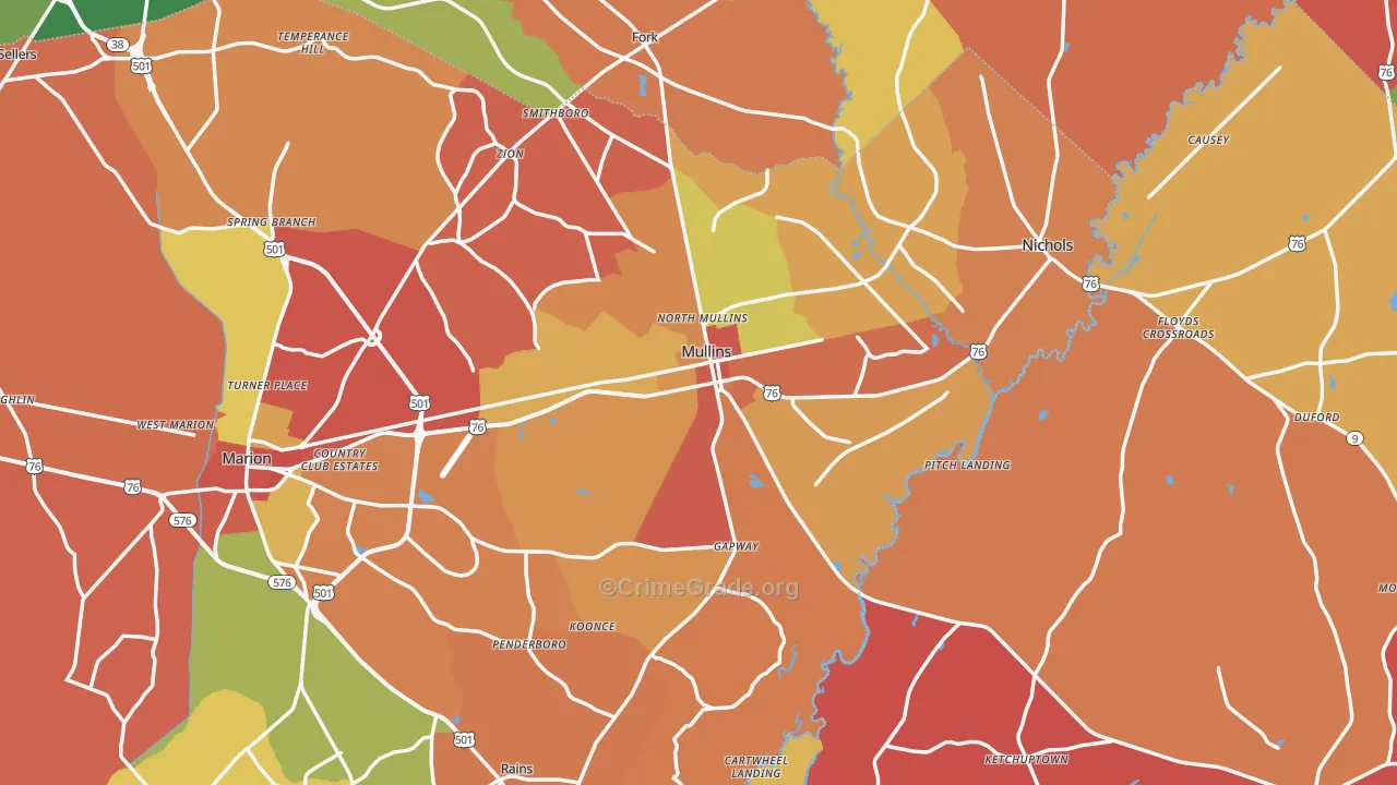 Mullins, SC Map of Robbery Rates