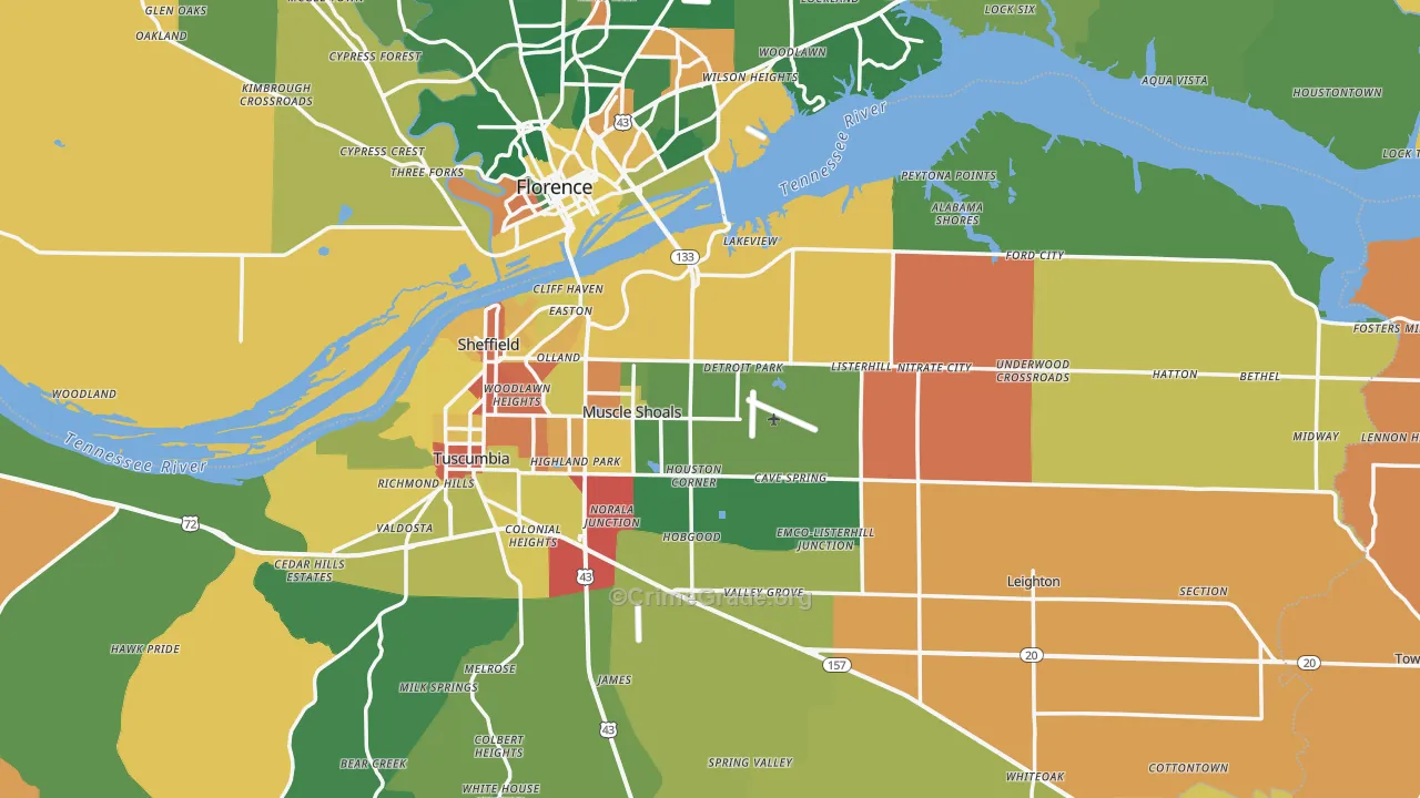 Muscle Shoals, AL Map of Robbery Rates