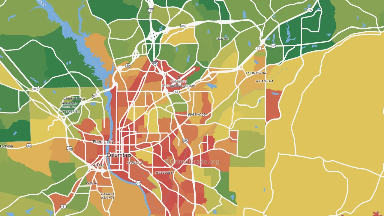 Muscogee County, GA Map of Robbery Rates